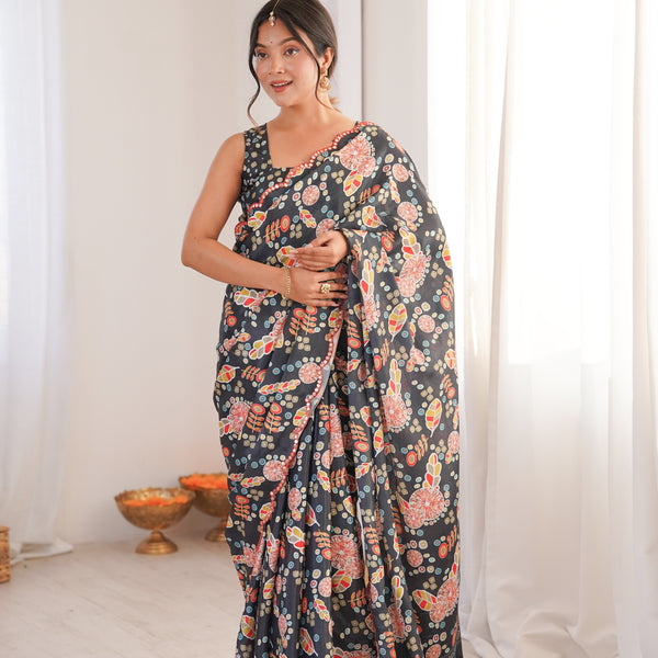 Jyoti Fashion Women's Black Chinon Digital Printed Designer Saree with Blouse - Distacart