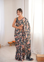 Thumbnail for Jyoti Fashion Women's Black Chinon Digital Printed Designer Saree with Blouse - Distacart