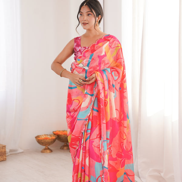 Jyoti Fashion Women's Multicolor Chinon Digital Printed Designer Saree with Blouse - Distacart