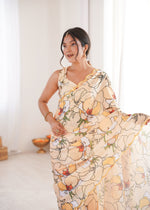 Thumbnail for Jyoti Fashion Women's Cream Chinon Digital Printed Designer Saree with Blouse - Distacart