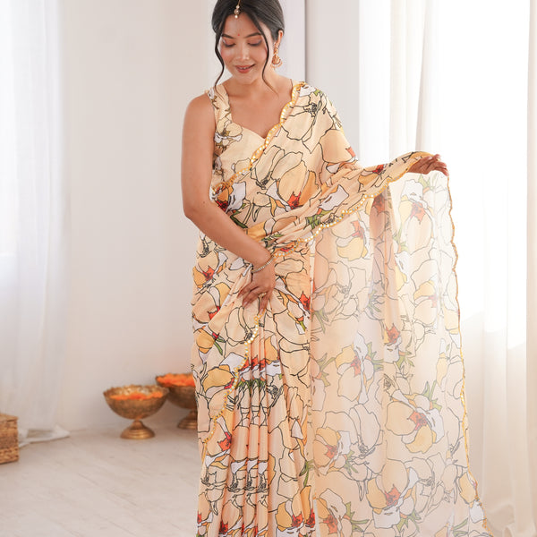 Jyoti Fashion Women's Cream Chinon Digital Printed Designer Saree with Blouse - Distacart