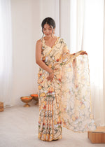 Thumbnail for Jyoti Fashion Women's Cream Chinon Digital Printed Designer Saree with Blouse - Distacart
