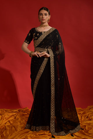 Jyoti Fashion Women's Black Sequence Coding Embroidery Georgette Saree with Blouse - Distacart