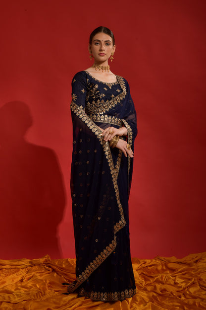 Jyoti Fashion Women's Navy Blue Sequence Coding Embroidery Georgette Saree with Blouse - Distacart