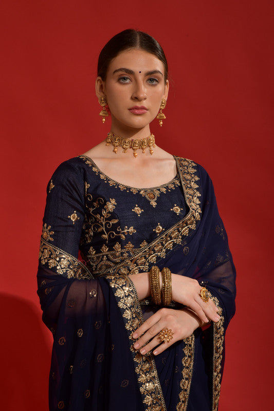 Jyoti Fashion Women's Navy Blue Sequence Coding Embroidery Georgette Saree with Blouse - Distacart