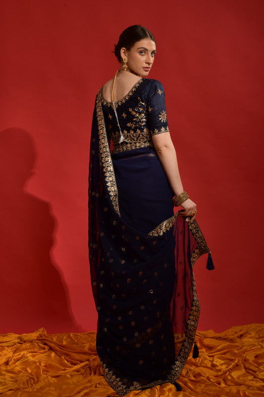 Jyoti Fashion Women's Navy Blue Sequence Coding Embroidery Georgette Saree with Blouse - Distacart