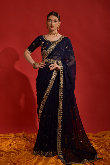 Jyoti Fashion Women's Navy Blue Sequence Coding Embroidery Georgette Saree with Blouse - Distacart