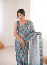 Thumbnail for Jyoti Fashion Women's Teal Chinon Digital Printed Designer Saree with Blouse - Distacart