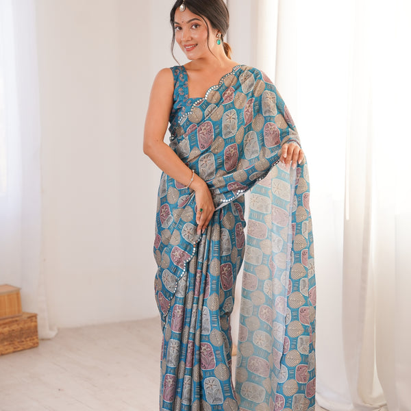 Jyoti Fashion Women's Teal Chinon Digital Printed Designer Saree with Blouse - Distacart