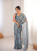 Thumbnail for Jyoti Fashion Women's Teal Chinon Digital Printed Designer Saree with Blouse - Distacart