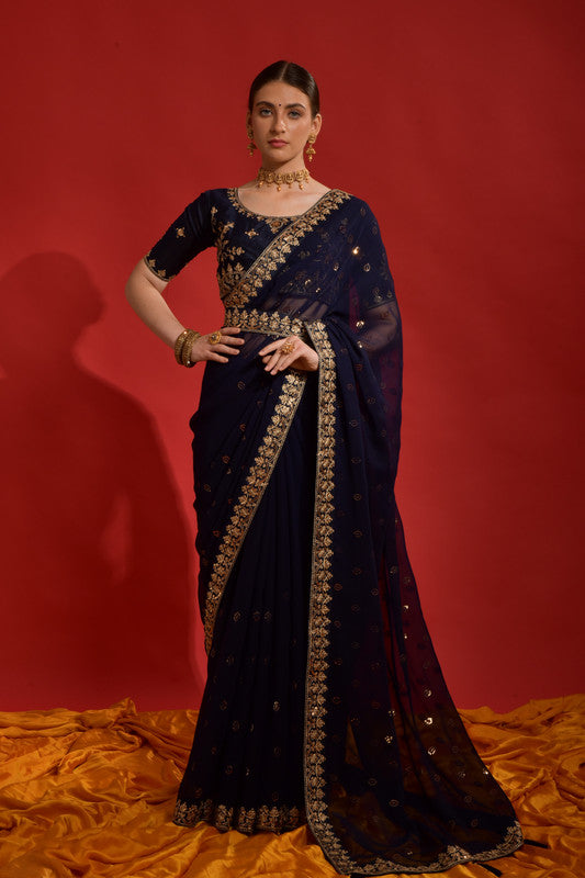 Jyoti Fashion Women's Navy Blue Sequence Coding Embroidery Georgette Saree with Blouse - Distacart