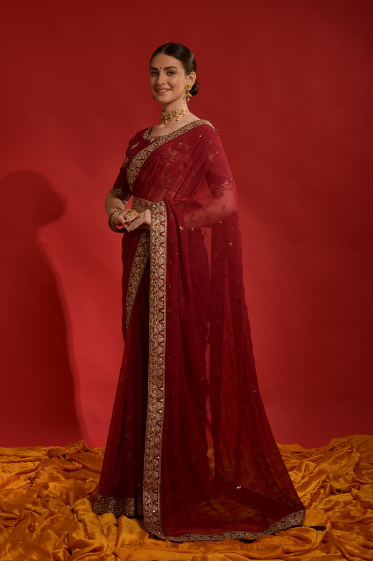 Jyoti Fashion Women's Maroon Sequence Coding Embroidery Georgette Saree with Blouse - Distacart