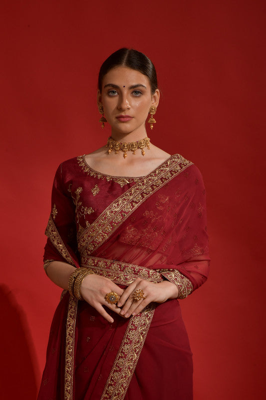 Jyoti Fashion Women's Maroon Sequence Coding Embroidery Georgette Saree with Blouse - Distacart