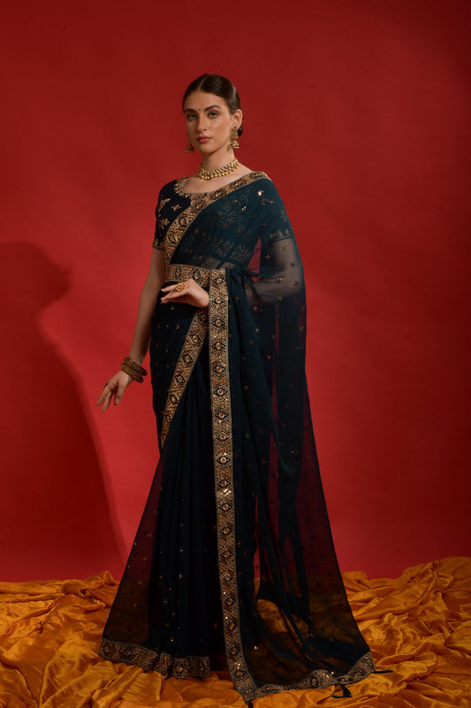 Jyoti Fashion Women's Morpich Sequence Coding Embroidery Georgette Saree with Blouse - Distacart