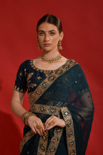 Thumbnail for Jyoti Fashion Women's Morpich Sequence Coding Embroidery Georgette Saree with Blouse - Distacart