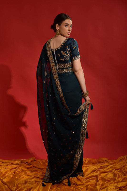 Jyoti Fashion Women's Morpich Sequence Coding Embroidery Georgette Saree with Blouse - Distacart