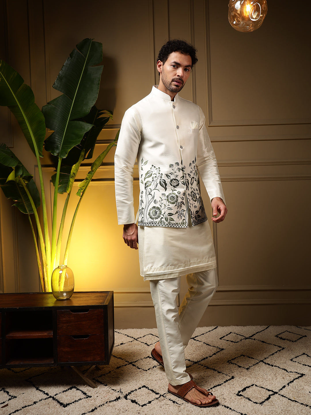 Jyoti Fashion Men's Bottle Green Slub Silk Sequins Embroidered Kurta Set with Koti - Distacart