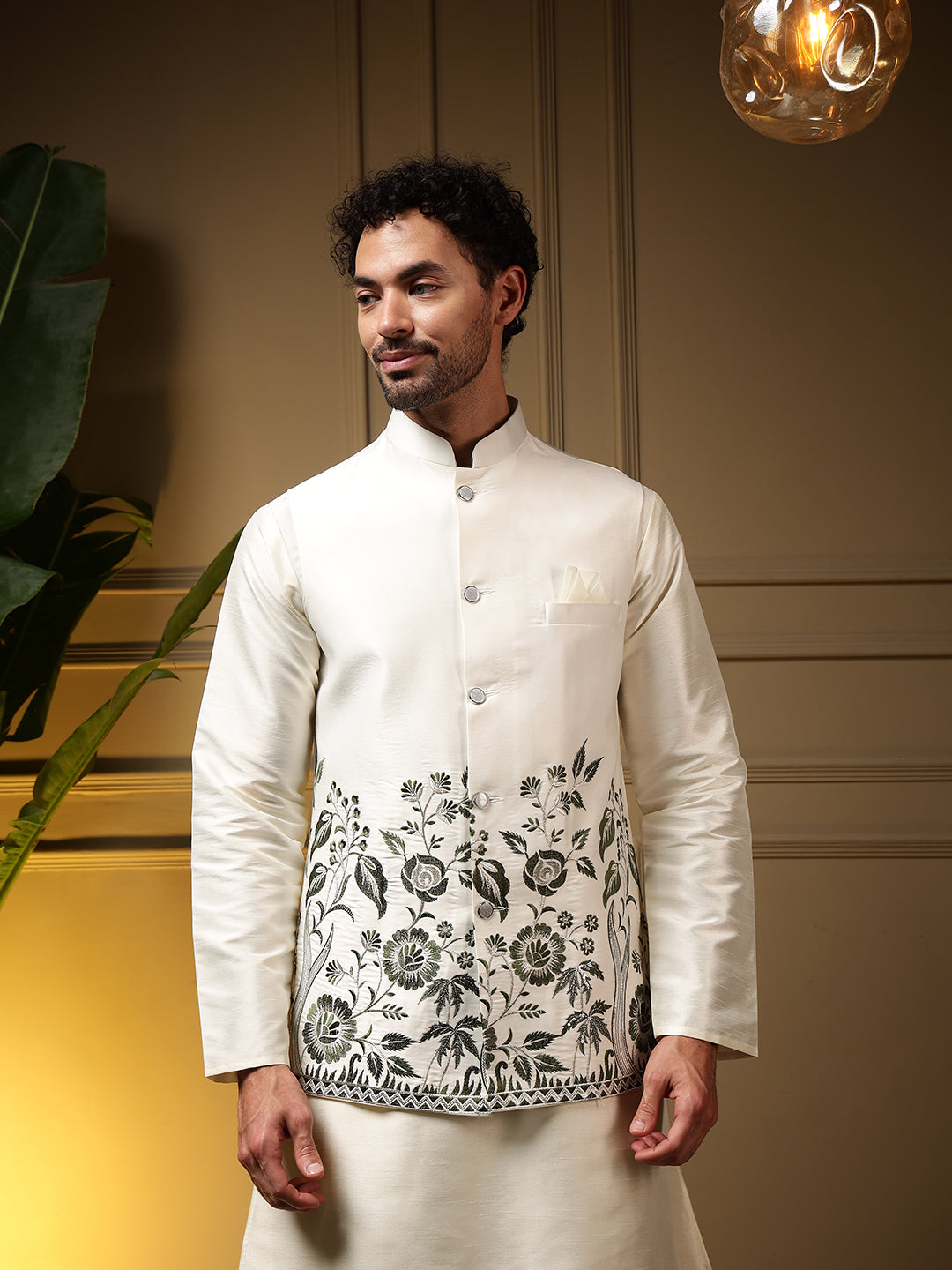 Jyoti Fashion Men's Bottle Green Slub Silk Sequins Embroidered Kurta Set with Koti - Distacart