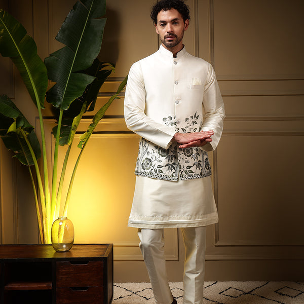 Jyoti Fashion Men's Bottle Green Slub Silk Sequins Embroidered Kurta Set with Koti - Distacart