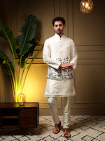 Thumbnail for Jyoti Fashion Men's Bottle Green Slub Silk Sequins Embroidered Kurta Set with Koti - Distacart