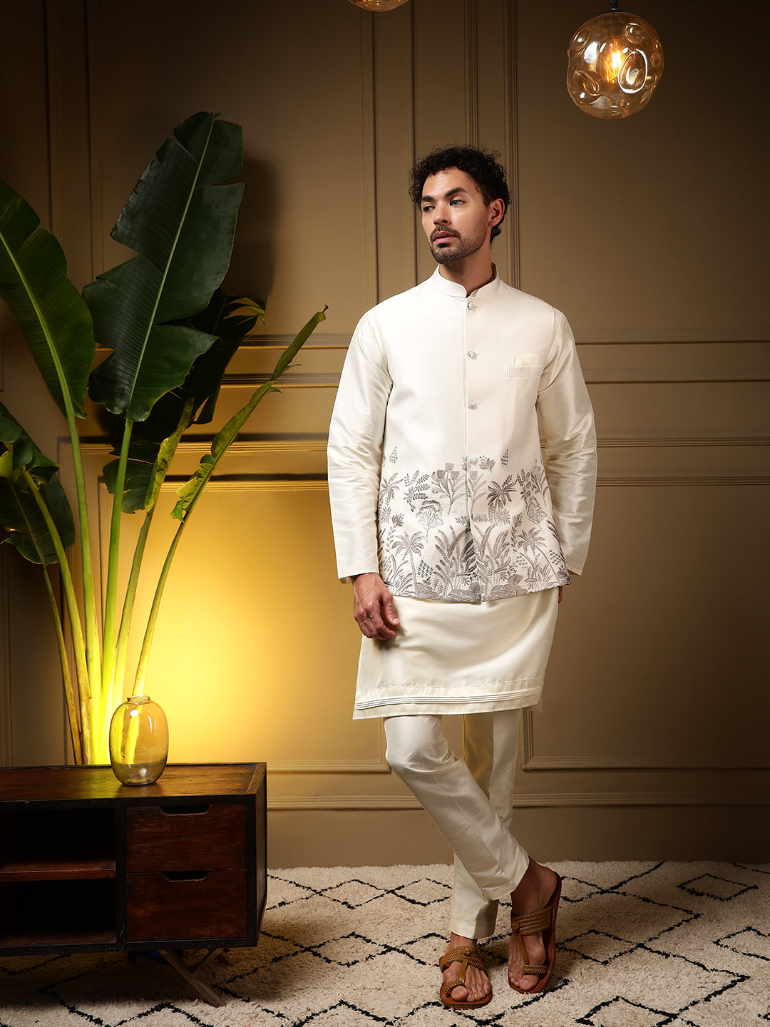 Jyoti Fashion Men's Grey Slub Silk Sequins Embroidered Kurta Set with Koti - Distacart