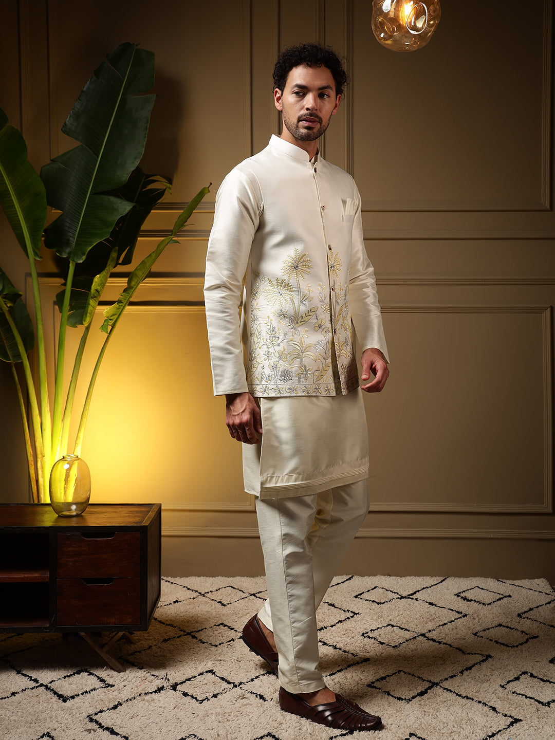 Jyoti Fashion Men's Yellow Slub Silk Sequins Embroidered Kurta Set with Koti - Distacart