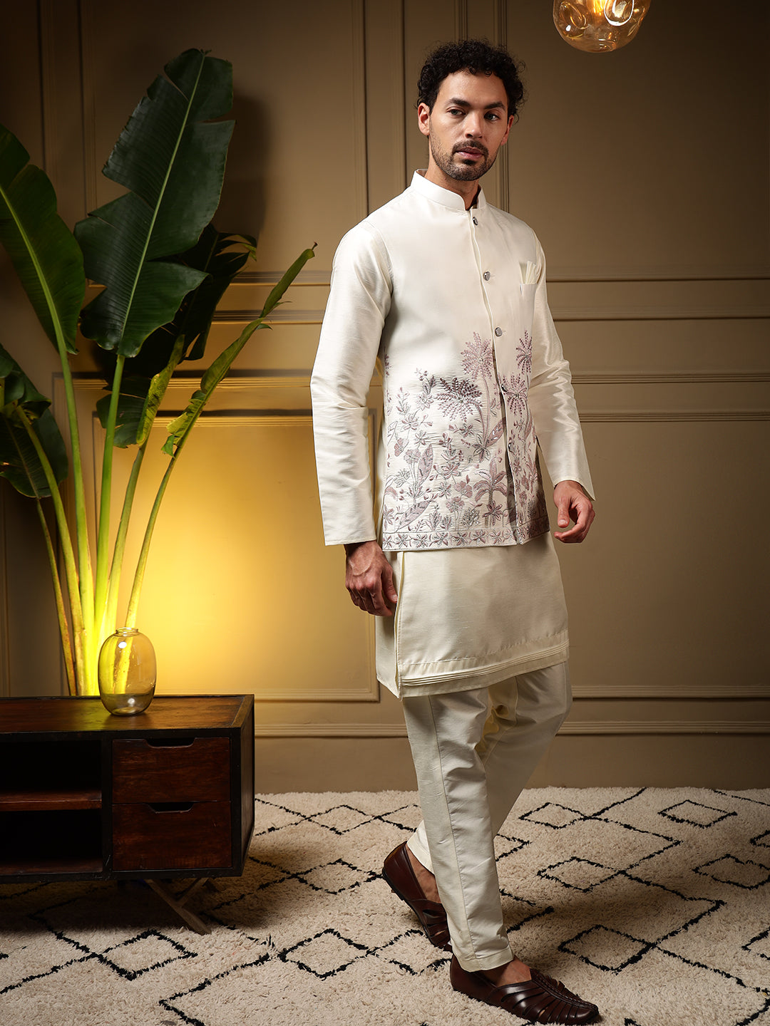 Jyoti Fashion Men's Pink Slub Silk Sequins Embroidered Kurta Set with Koti - Distacart