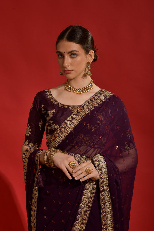 Jyoti Fashion Women's Wine Sequence Coding Embroidery Georgette Saree with Blouse - Distacart