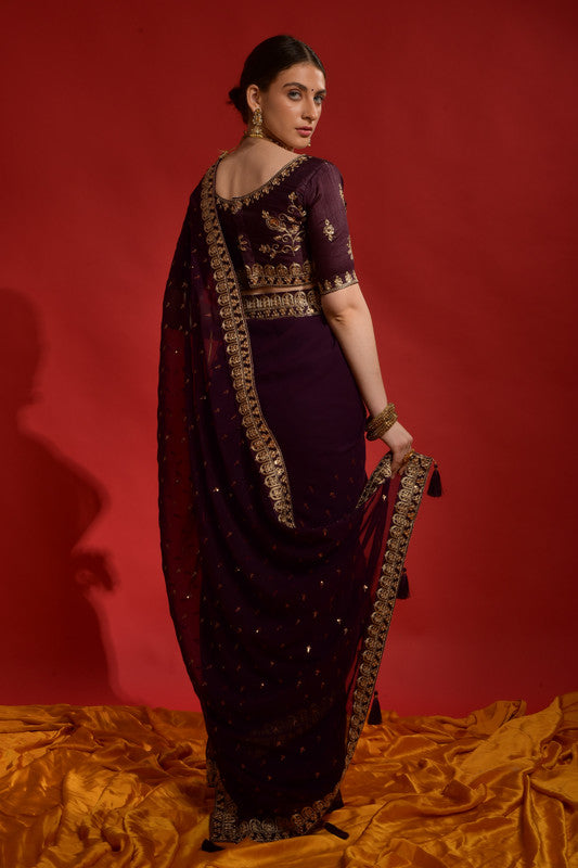 Jyoti Fashion Women's Wine Sequence Coding Embroidery Georgette Saree with Blouse - Distacart