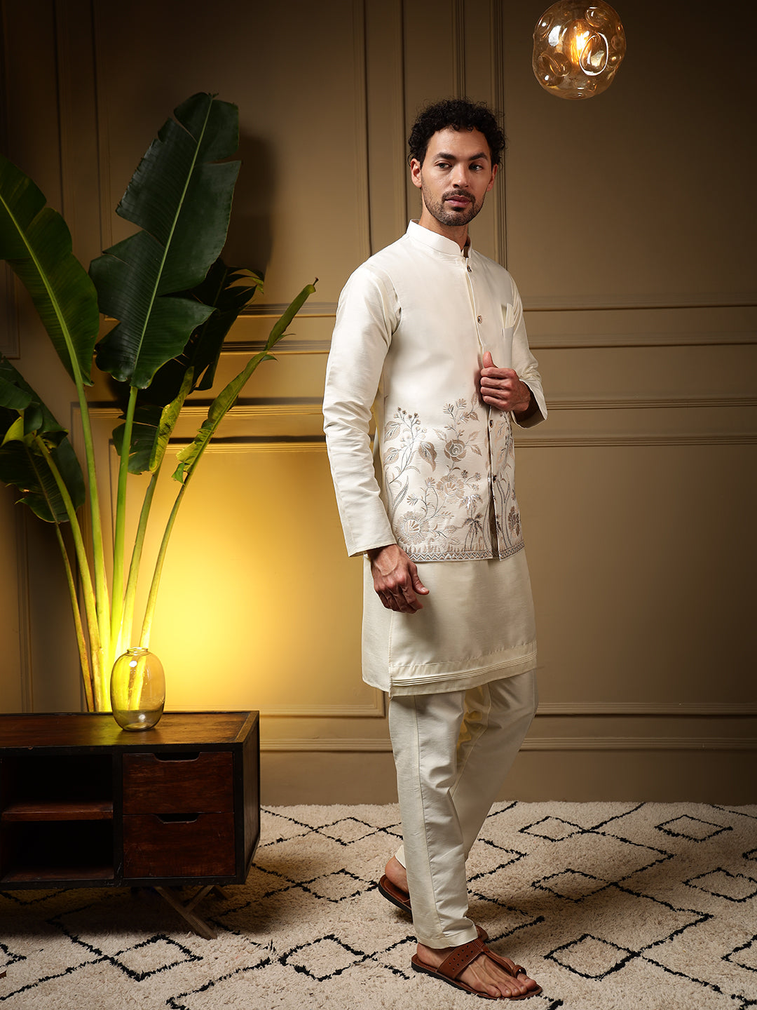 Jyoti Fashion Men's Peach Slub Silk Sequins Embroidered Kurta Set with Koti - Distacart