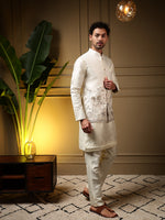 Thumbnail for Jyoti Fashion Men's Peach Slub Silk Sequins Embroidered Kurta Set with Koti - Distacart