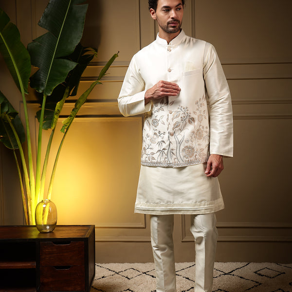 Jyoti Fashion Men's Peach Slub Silk Sequins Embroidered Kurta Set with Koti - Distacart