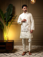Thumbnail for Jyoti Fashion Men's Peach Slub Silk Sequins Embroidered Kurta Set with Koti - Distacart
