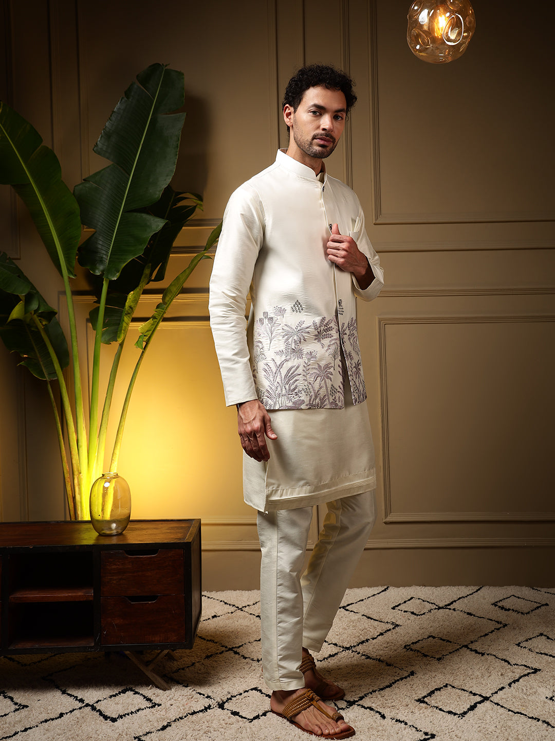 Jyoti Fashion Men's Purple Slub Silk Sequins Embroidered Kurta Set with Koti - Distacart