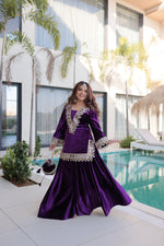 Thumbnail for Jyoti Fashion Purple ICE Velvet Embroidered Designer Kurta Set with Batwa - Distacart