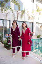 Thumbnail for Jyoti Fashion Wine & Pink Velvet Embroidered Designer Combo Kurta Set with Batwa - Distacart