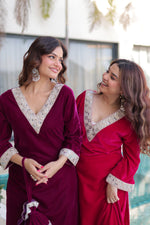 Thumbnail for Jyoti Fashion Wine & Pink Velvet Embroidered Designer Combo Kurta Set with Batwa - Distacart