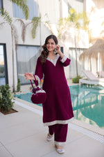 Thumbnail for Jyoti Fashion Wine Velvet Embroidered Designer Kurta Set with Batwa - Distacart
