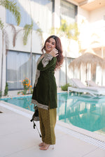 Thumbnail for Jyoti Fashion Mehendi Velvet Embroidered Designer Kurta Set with Batwa - Distacart