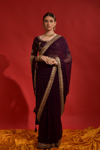 Jyoti Fashion Women's Wine Sequence Coding Embroidery Georgette Saree with Blouse - Distacart