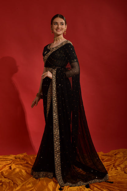 Jyoti Fashion Women's Black Sequence Coding Embroidery Georgette Saree with Blouse - Distacart