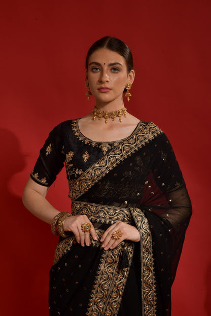Jyoti Fashion Women's Black Sequence Coding Embroidery Georgette Saree with Blouse - Distacart
