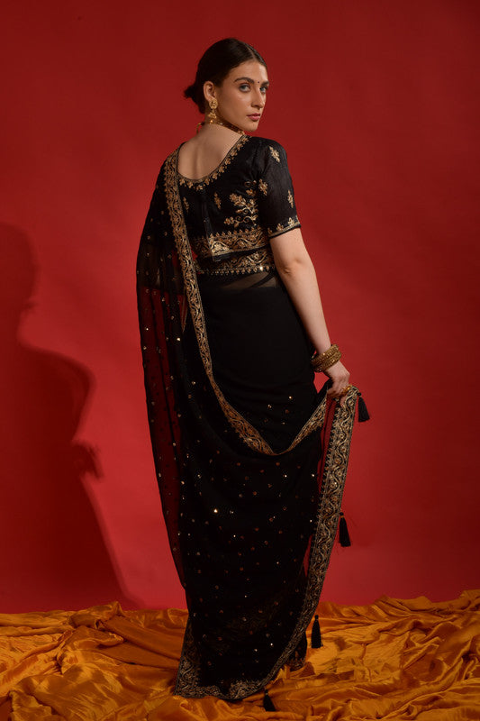 Jyoti Fashion Women's Black Sequence Coding Embroidery Georgette Saree with Blouse - Distacart