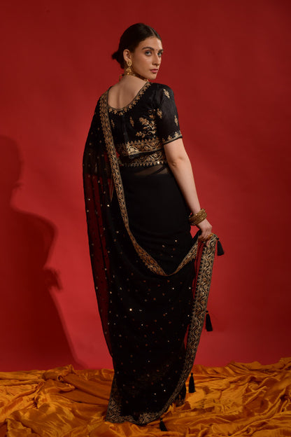 Jyoti Fashion Women's Black Sequence Coding Embroidery Georgette Saree with Blouse - Distacart