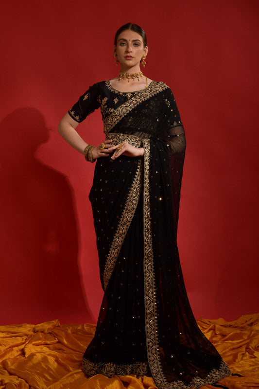Jyoti Fashion Women's Black Sequence Coding Embroidery Georgette Saree with Blouse - Distacart
