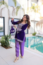 Thumbnail for Jyoti Fashion Purple Velvet Embroidered Designer Kurta Set with Batwa - Distacart