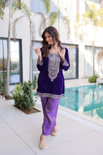 Thumbnail for Jyoti Fashion Purple Velvet Embroidered Designer Kurta Set with Batwa - Distacart