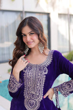 Thumbnail for Jyoti Fashion Purple Velvet Embroidered Designer Kurta Set with Batwa - Distacart