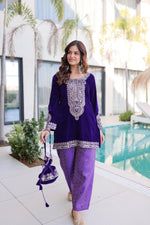 Thumbnail for Jyoti Fashion Purple Velvet Embroidered Designer Kurta Set with Batwa - Distacart