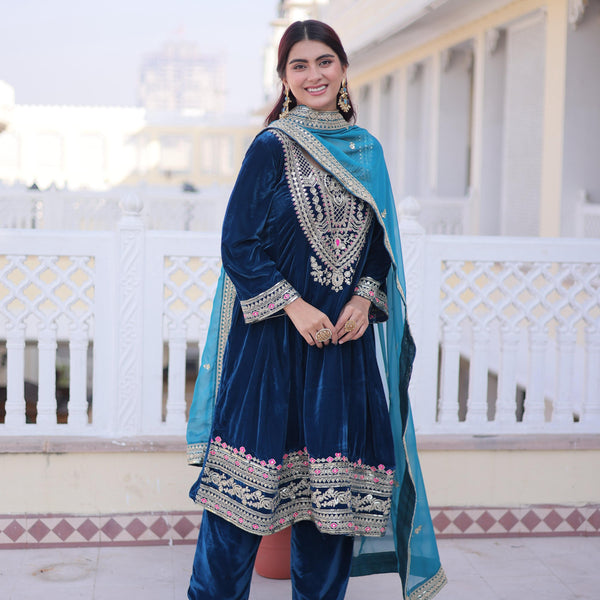 Jyoti Fashion Rama Velvet Embroidered Designer Kurta Set with Batwa - Distacart